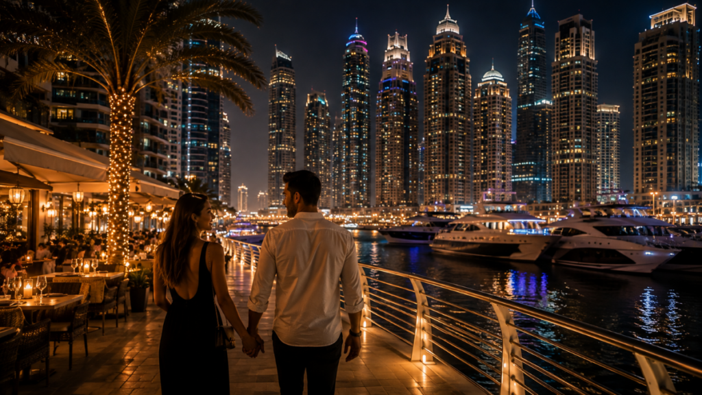 Romantic couple enjoying Dubai Marina at night