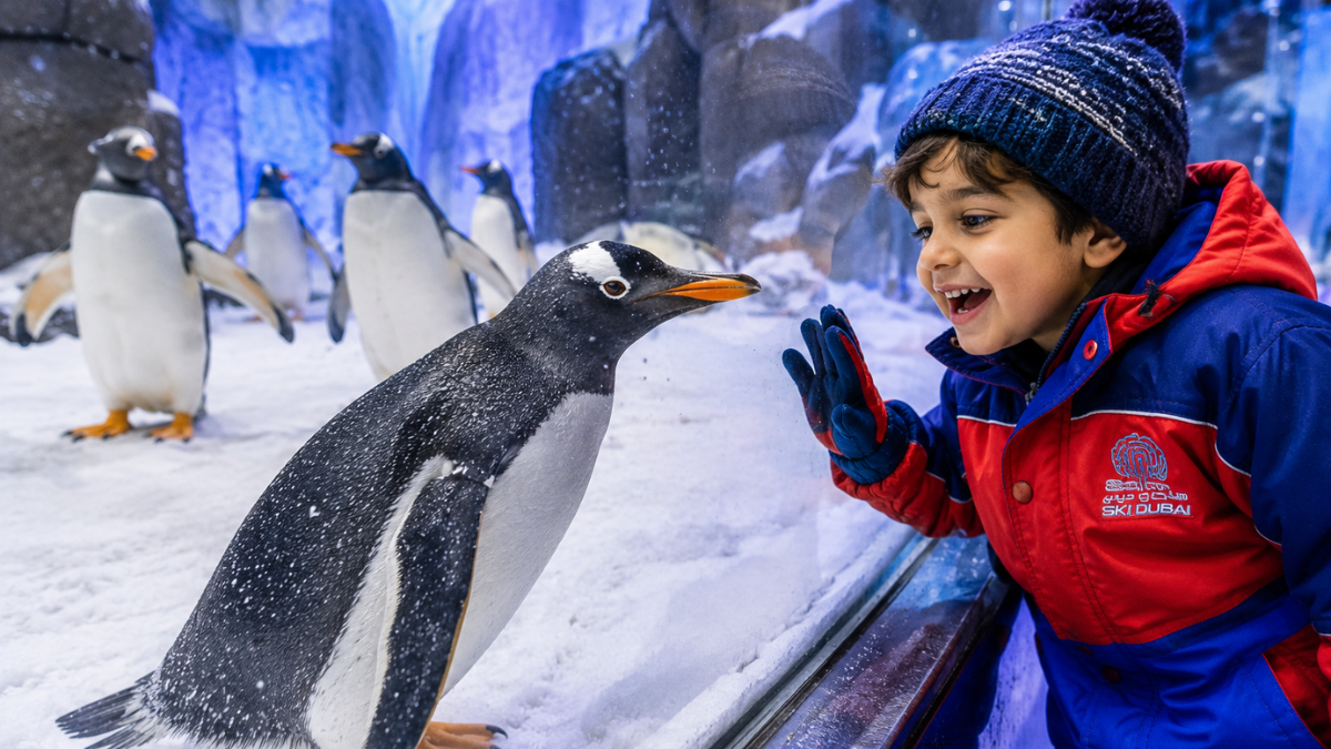 Penguin Encounter at Ski Dubai – Meet the Gentoo Penguins | Zutours Child interacting with Gentoo penguins during the Penguin Encounter at Ski Dubai's icy habitat