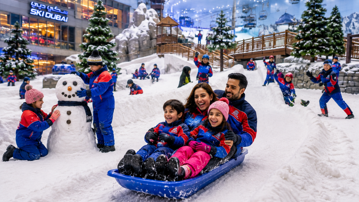 Snow Park at Ski Dubai – Family Fun & Tobogganing | Zutours Family tobogganing and playing in the snow park at Ski Dubai with children building snowmen and throwing snowballs