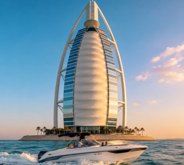 Speedboat Tour Burj Al Arab Viewpoint Speedboat approaching Burj Al Arab sail-shaped hotel from the water