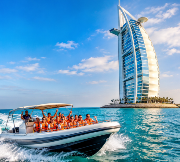 Speedboat Tour Burj Al Arab Viewpoint Speedboat approaching Burj Al Arab sail-shaped hotel from the water
