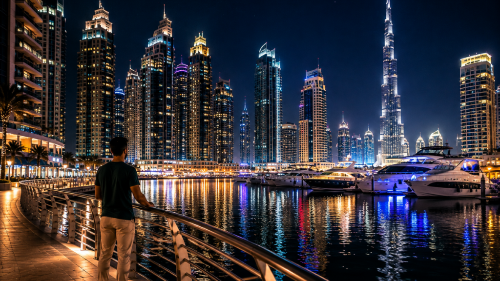 Things to do alone in Dubai at night with a solo traveler enjoying Dubai Marina skyline