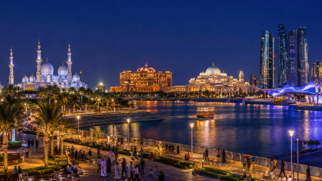 Things to do in Abu Dhabi at night with illuminated skyline, Corniche, Sheikh Zayed Grand Mosque and Yas Bay Waterfront