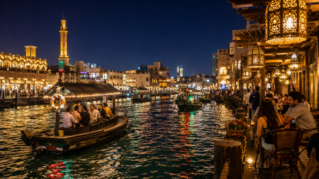 Things to do in Deira Dubai at night with Dubai Creek illuminated
