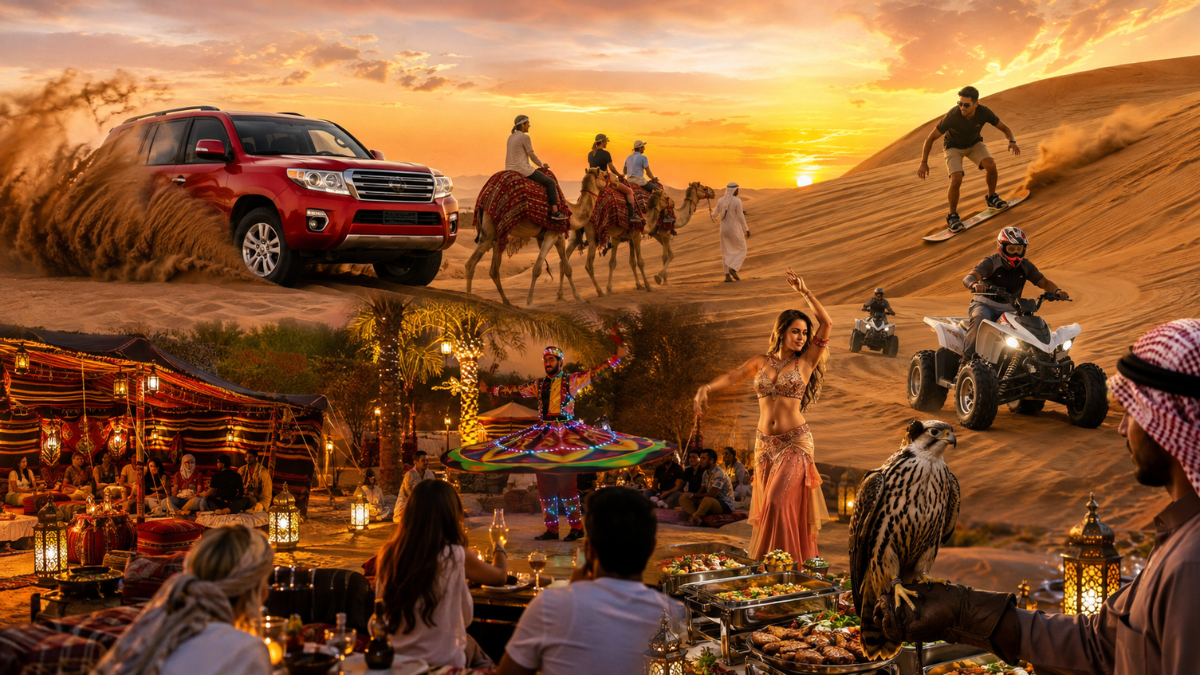Things to do in Desert Safari Dubai including dune bashing, camel riding, sandboarding, quad biking, and a Bedouin camp experience