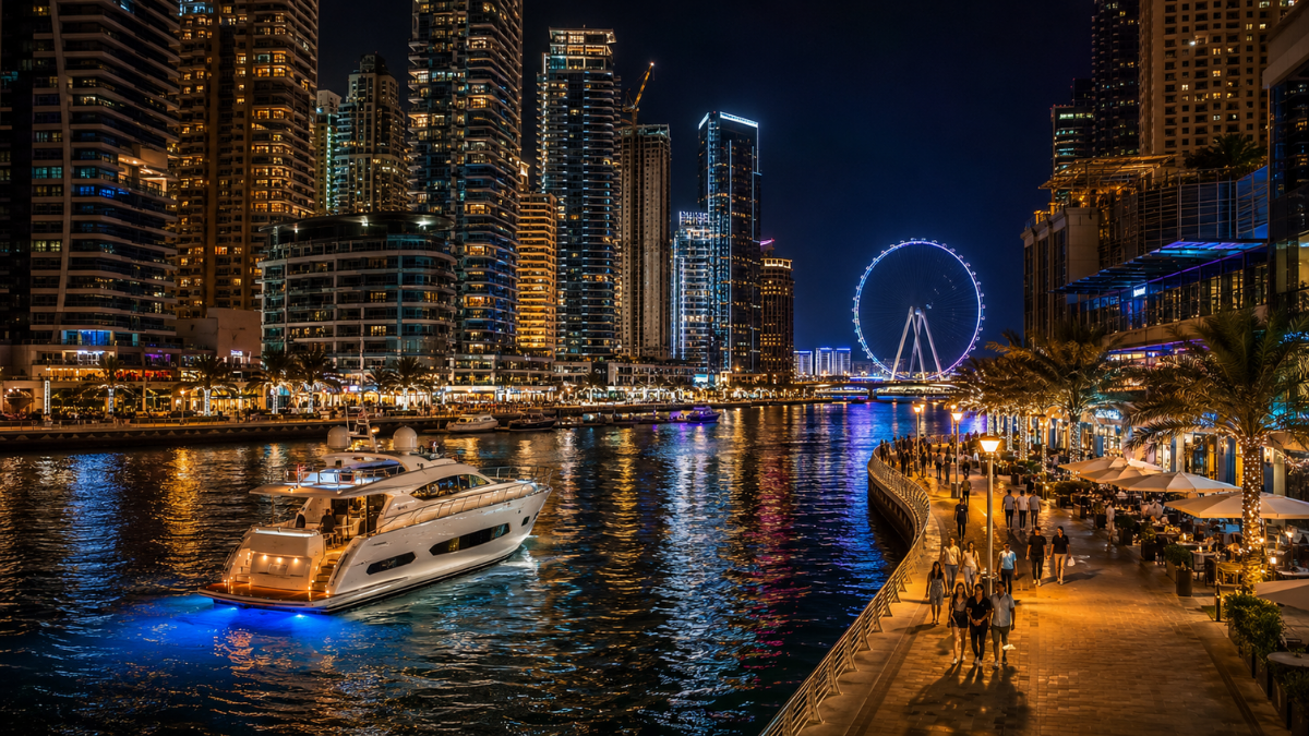 Things to do in Dubai Marina at night with illuminated skyline and luxury yacht
