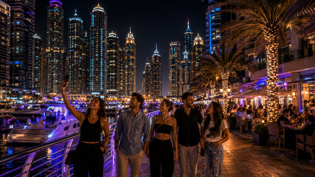 Friends exploring Dubai Marina after sunset with waterfront entertainment, skyline views, and vibrant nightlife.