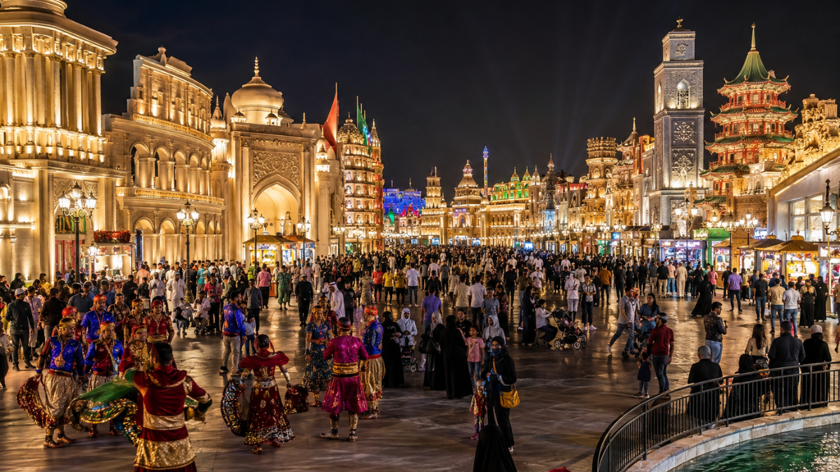 Things to do in Global Village Dubai with illuminated pavilions, attractions, and entertainment
