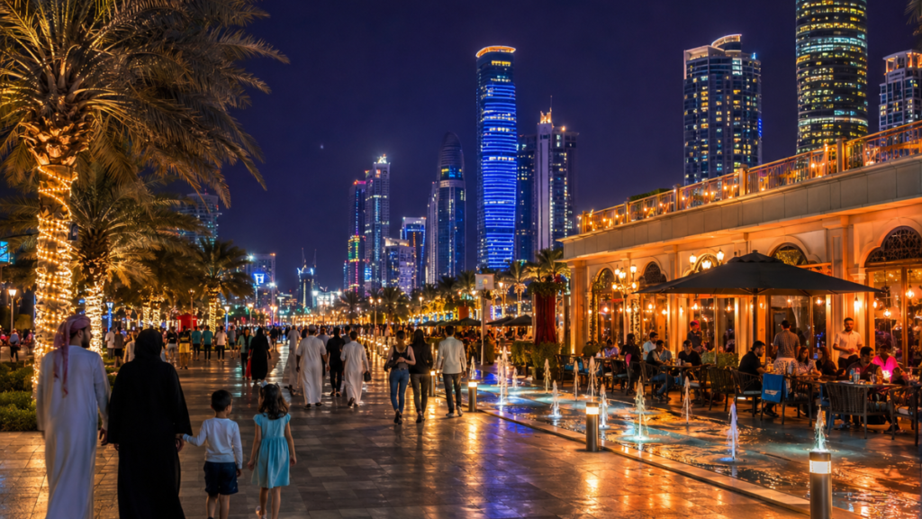 Tourists exploring Abu Dhabi after sunset