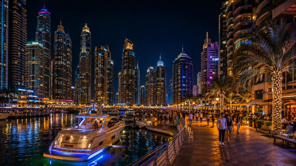 Dubai Marina at night with illuminated skyline and waterfront promenade