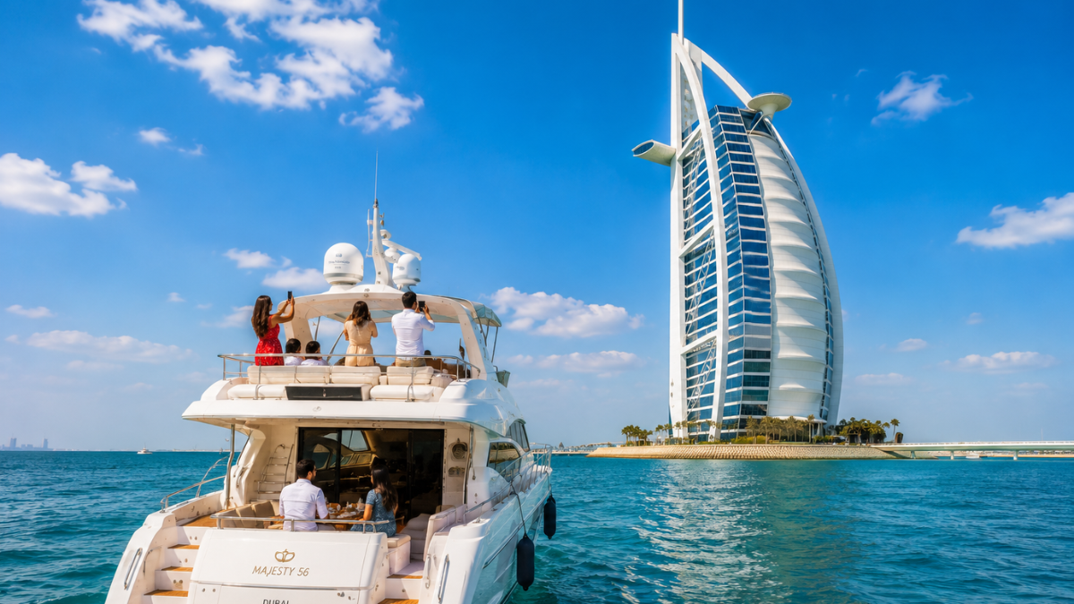 Yacht Cruise with Burj Al Arab Views | Zutours Luxury yacht approaching the Burj Al Arab sail-shaped hotel from the Arabian Gulf with guests enjoying the iconic view