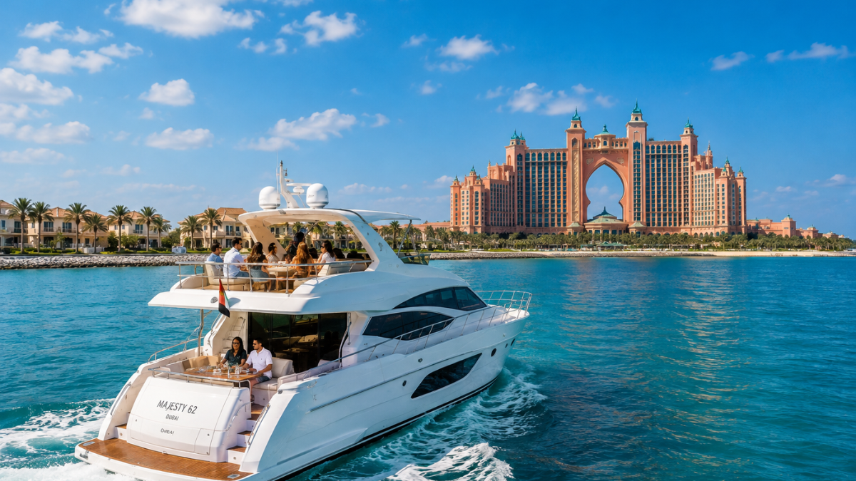 Yacht Cruise Past Palm Jumeirah & Atlantis The Palm | Zutours Luxury yacht cruising past Palm Jumeirah with Atlantis The Palm resort visible at the tip of the man-made island in Dubai