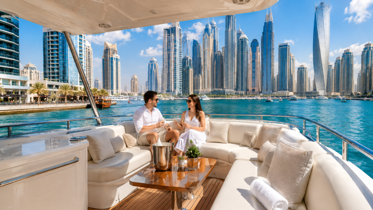 Luxury Yacht Sun Deck & Dubai Marina Views | Zutours Spacious sun deck on a luxury yacht in Dubai Marina with comfortable seating and guests enjoying the skyline views