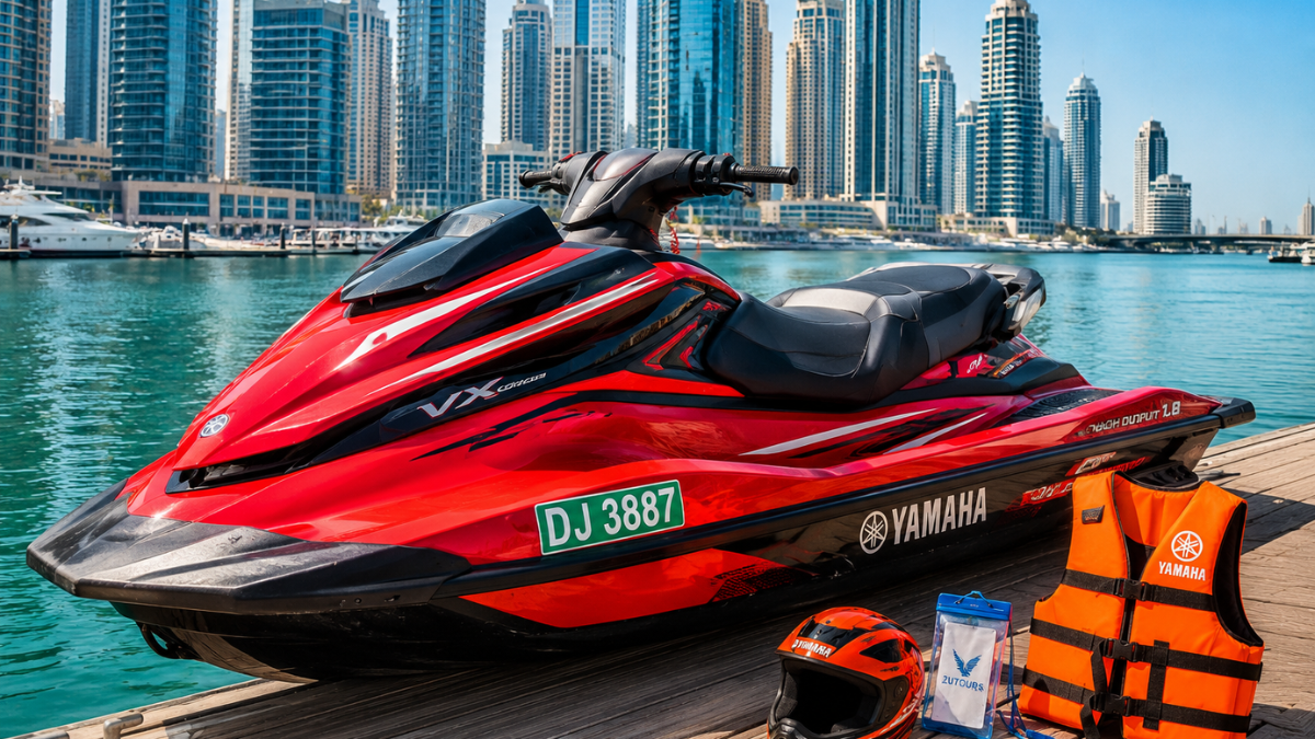 Jet Ski Equipment & Safety Gear | Zutours Dubai Water Sports Red Yamaha jet ski with orange life jacket and safety equipment on display at Dubai Marina with modern skyscrapers in background