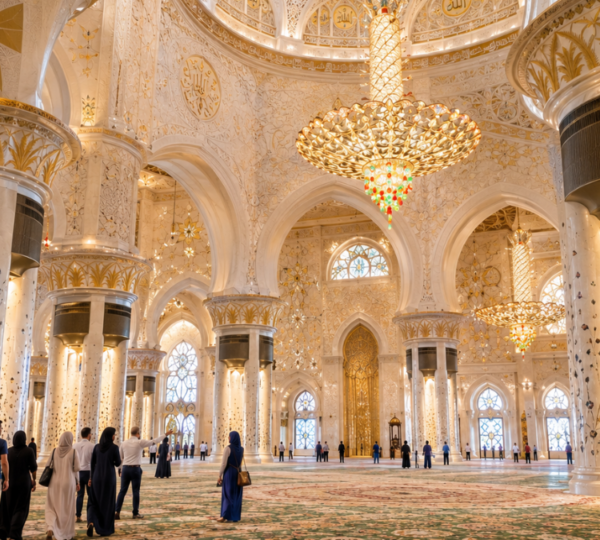 Sheikh Zayed Grand Mosque Prayer Hall – Full Day Tour Experience | Zutours Visitors exploring the Sheikh Zayed Grand Mosque prayer hall with hand-knotted carpet and crystal chandeliers on Abu Dhabi day tour