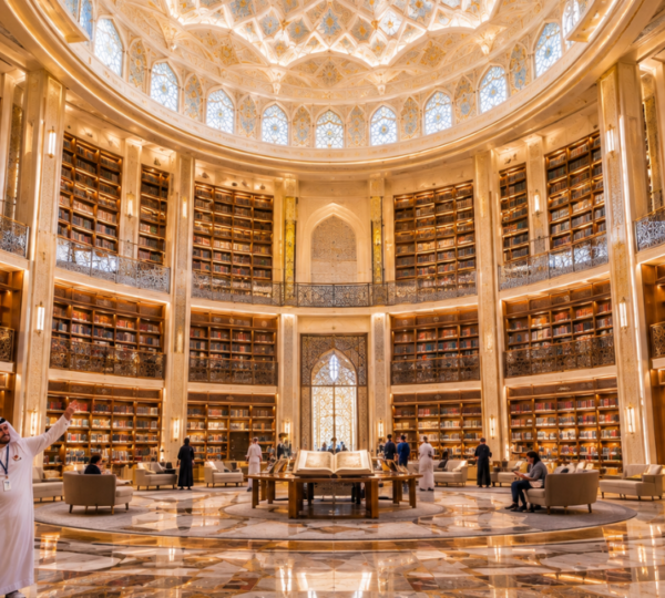 Qasr Al Watan Library Experience – Full Day Abu Dhabi Tour | Zutours Visitors exploring the House of Knowledge library at Qasr Al Watan Presidential Palace on a full-day Abu Dhabi city tour