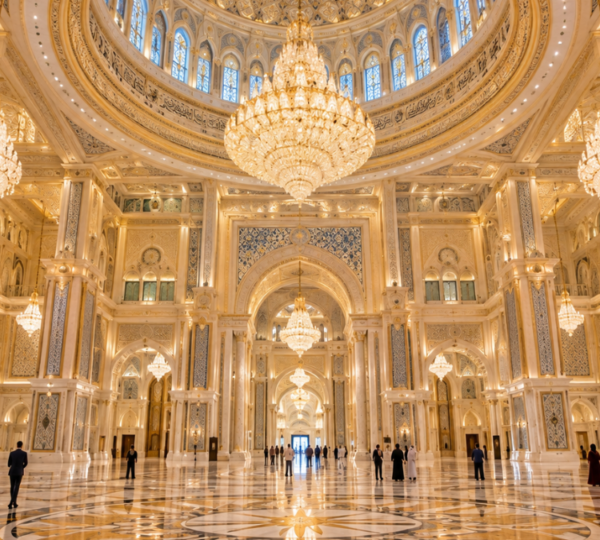 Qasr Al Watan Presidential Palace – Abu Dhabi Tour | Zutours Grand interior of Qasr Al Watan presidential palace with domed ceiling, gold detailing, and crystal chandeliers in Abu Dhabi